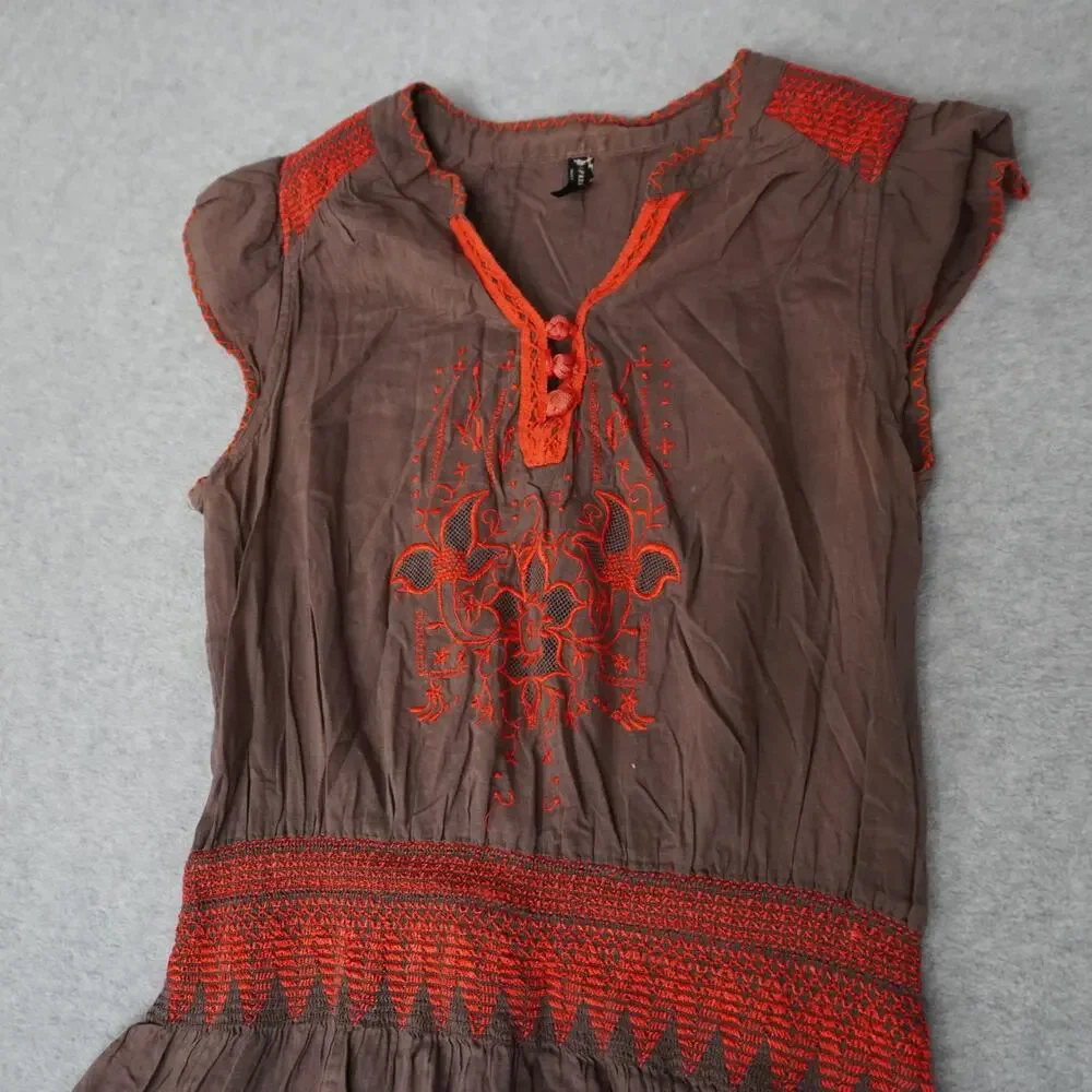 Free People Bohemian Brown And Coral Embroidered Mini Dress